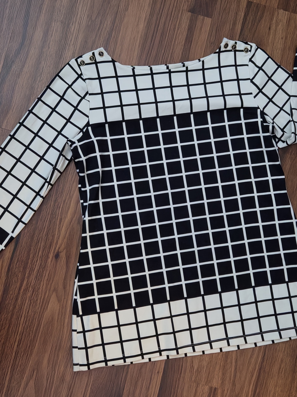 Charter Club Black & White Grid Boatneck Button-Shoulder Top